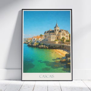 Poster di viaggio Cascais / Stampa artistica costiera del Portogallo / Decorazione della parete da spiaggia / Palácio dos Condes de Castro Guimarães / Regalo per le vacanze europee
