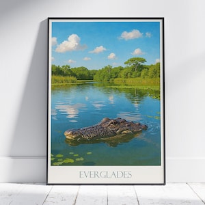 Impressão de jacaré dos Everglades: pôster de viagem da Flórida, arte em áreas úmidas