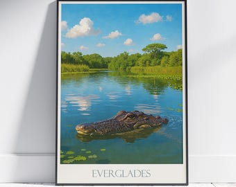 Lámina de caimanes de los Everglades: Póster de viaje de Florida, Arte de humedales