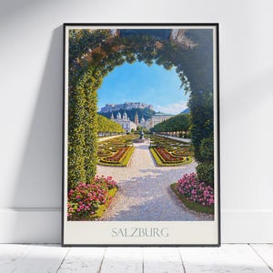Salzburg Travel Print, Mirabell Gardens ~ Austria Travel Poster | Painted Wall Art & Home Decor | Framed Personalized Vacation Travel Gift