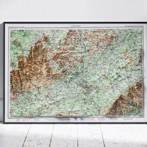Oxfordshire ~ Flache 2D Reliefkarte Vintage Atlas Stil Druck Poster Wand Kunst Dekor