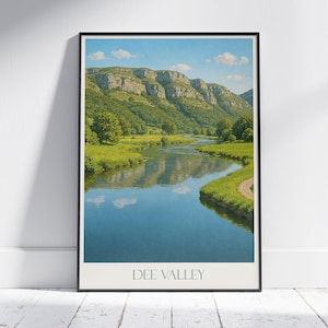 Póster de viaje de Dee Valley, Gales / Impresión artística de un paisaje fluvial sereno / Decoración de pared con naturaleza escénica del Reino Unido / Regalo de un paisaje rural tranquilo