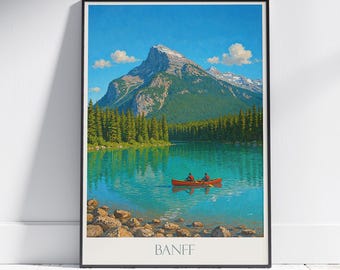 Poster di viaggio di Banff: stampa artistica del lago Canoe nelle Montagne Rocciose canadesi