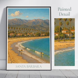 Stampa di viaggio di Santa Barbara / Poster di viaggio della California / Arte murale dipinta e arredamento per la casa / Regalo di vacanza personalizzato con cornice