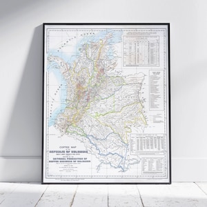 Impression vintage de carte des cafés de la Colombie ~ Art déco murale affiche