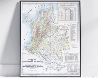 Colombia Coffee Map Vintage Print ~ Poster Wall Art Decor