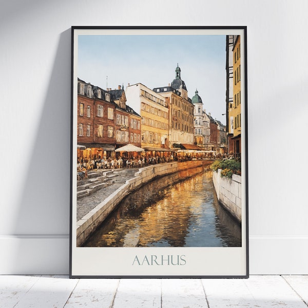 Affiche de voyage d'Aarhus ~ Affiche de voyage au Danemark | Impression d'art mural peint et décoration d'intérieur | Impression personnalisée encadrée | Cadeau de voyage de vacances