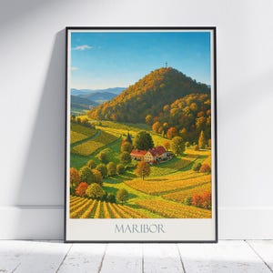 Poster di viaggio di Maribor, stampa artistica della valle dell'alba ~ Paesaggio del vigneto sloveno / Decorazione murale in stile fattoria europea