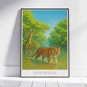 Poster di viaggio di Sundarbans, arte della tigre del Bengala ~ Stampa naturalistica selvaggia / Decorazione per la casa con fauna selvatica di India e Bangladesh