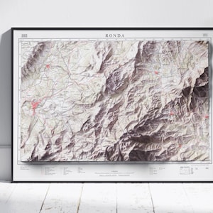 Ronda & Bergkette von Las Nieves, Spanien ~ Vintage schattierte Relief flache 2D Karte ~ Poster Wand Kunst Dekor Topographie