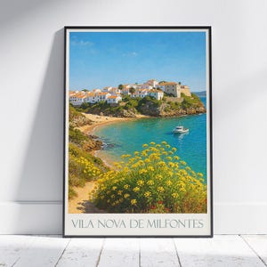 Poster di viaggio di Vila Nova De Milfontes / Stampa artistica costiera vintage del Portogallo / Decorazione della parete della città balneare dell'Alentejo / Stampa del villaggio bianco