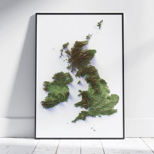 Îles britanniques ~ impression en relief ombragé 2D plat ~ carte topographique unie affiche murale art déco ~ Royaume-Uni, Grande-Bretagne, Irlande