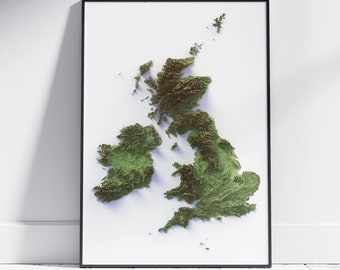 May include: A 3D relief map of the British Isles, showing the topography of the islands. The map is printed on a white background and framed in black.