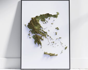 May include: A framed print of a 3D topographic map of Greece. The map is in shades of green and brown, with the islands of the Aegean Sea shown in white.