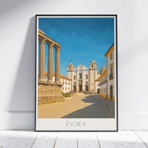 Poster di viaggio Evora Portogallo / Stampa artistica vintage dell'Alentejo / Decorazione murale del tempio romano e della cattedrale / Regalo del Portogallo