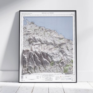 Redcar & Whiby, North York Moors ~ Flache 2D Reliefkarte Shaded Style Print Poster Wand Kunst Dekor
