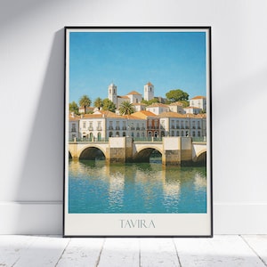 Poster di viaggio di Tavira, Portogallo / Stampa artistica del paesaggio urbano dell'Algarve / Ponte Romano / Decorazione murale in stile vintage / Regalo dell'Europa meridionale