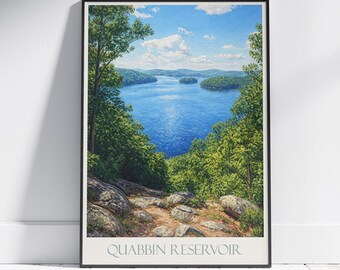 Reisposter Quabbin Reservoir: Panorama van een meer in Massachusetts, geschilderde kunstprint