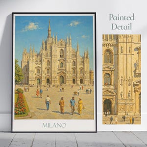 Milan Travel Poster, Duomo ~ Italy Painted Wall Art Print | Home Decor | Framed Personalized Vacation Gift