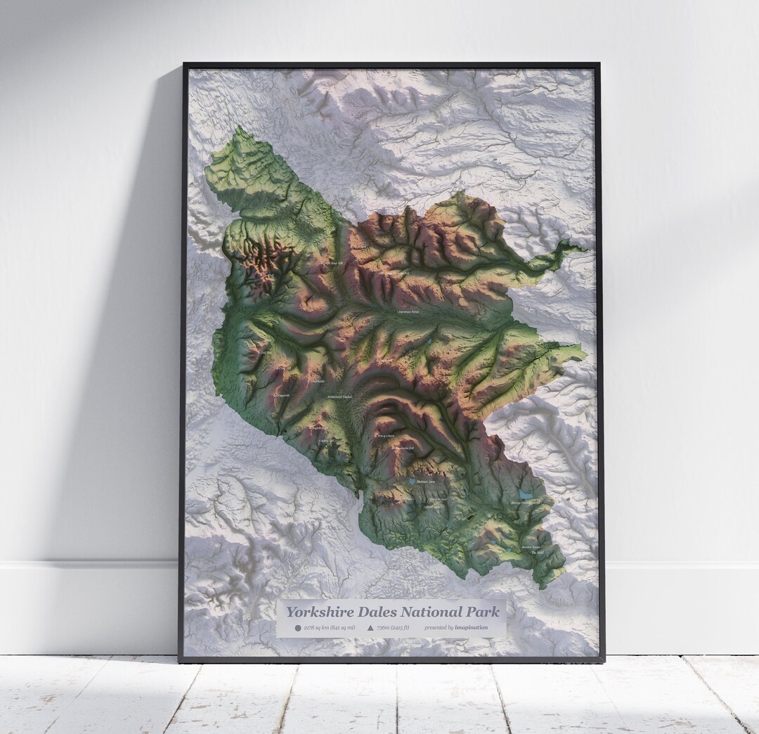 Yorkshire Dales National Park Map 2D Topographic Relief Print Poster