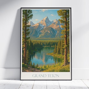 Grand Teton Druck | Wyoming Nationalpark Poster | Bergsee Kunst | Vintage Reise Dekor | String Lake Wandkunst