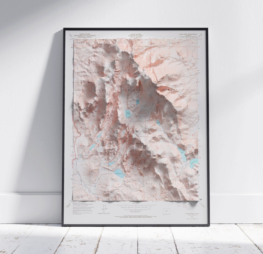 Pikes Peak, Colorado ~ Vintage Shaded Flat 2D Map Print ~ Poster Wall ...