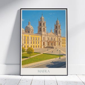Poster di viaggio di Mafra / Stampa del Palazzo Nazionale del Portogallo / Arte murale d'epoca di un monumento europeo / Regalo per una gita di un giorno a Lisbona