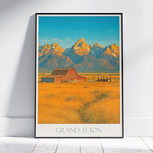 Grand Teton National Park Reise-Druck | Mormon Row gemalte Wandkunst | Wyoming Berg Poster | Rustikales Wohnkultur Geschenk