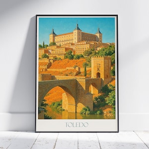 Póster de viaje de Toledo, impresión artística vintage de España ~ Vista del Alcázar / Decoración de la muralla de la ciudad vieja / Regalo de paisaje urbano español