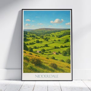 Póster de viaje con paisaje de Nidderdale / Arte mural de Yorkshire Dales, Reino Unido / Impresión de colinas verdes de la campiña inglesa / Decoración de casa rural