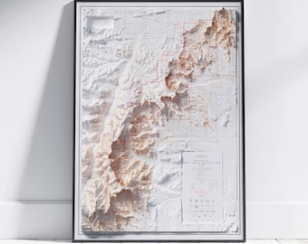 Puede incluir: Un mapa enmarcado en negro del Parque Nacional Bryce Canyon, Utah, con un diseño de relieve topográfico. El mapa muestra los límites del parque y sus principales características, incluyendo el sendero Navajo Loop, el sendero Queen's Garden y Inspiration Point.