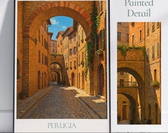 Perugia Italy Travel Poster: Medieval Street Scene Art Print