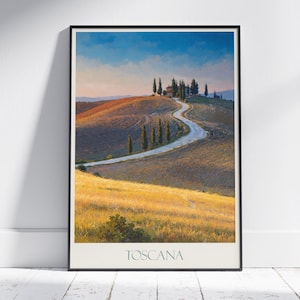 Reisposter Toscane ~ reisposter Italië | Geschilderde muurkunst en woondecoratie | Ingelijste gepersonaliseerde print | Vakantiereiscadeau