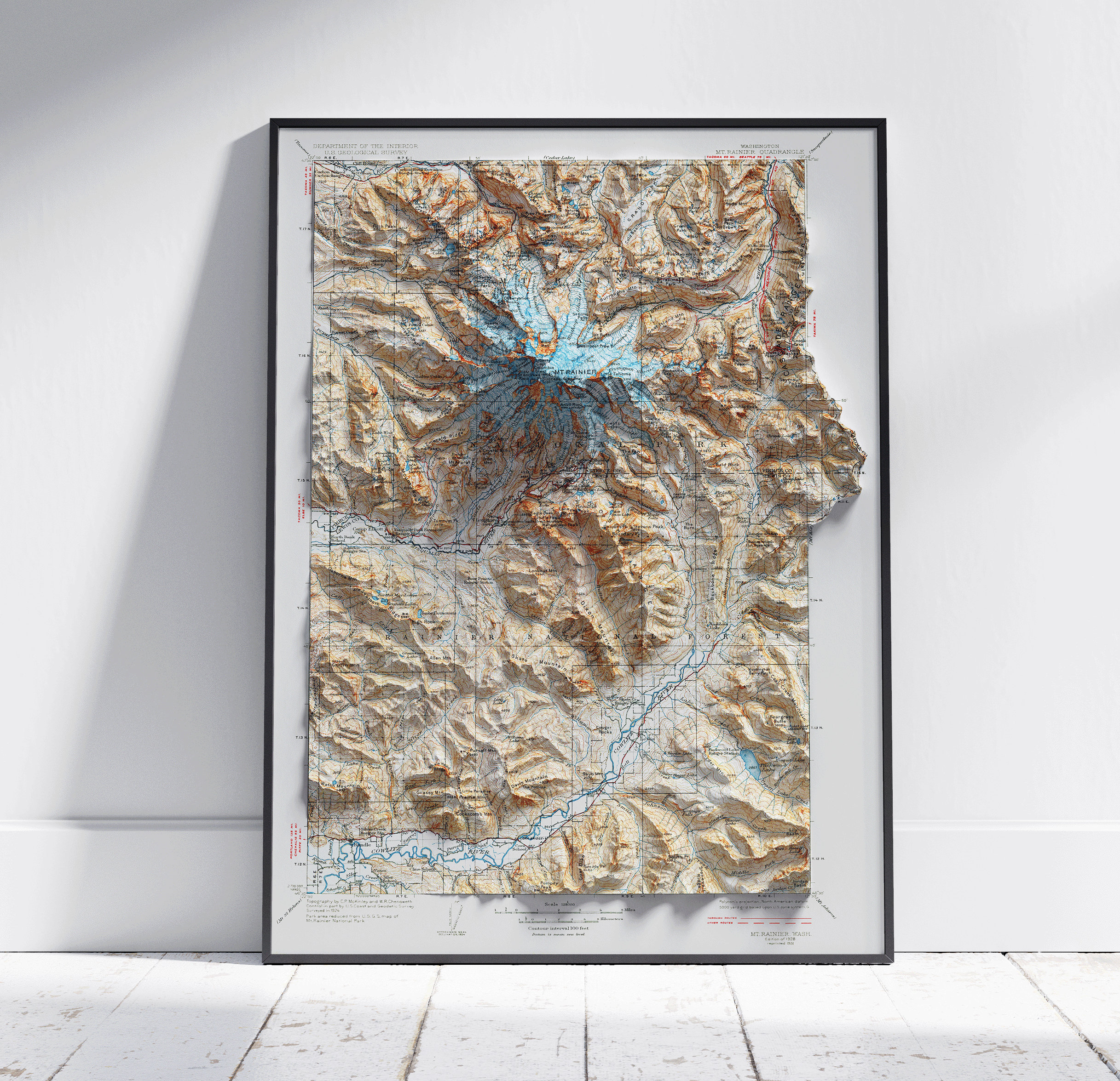 Mapa de Mount Rainier, Washington ~ Impressão vintage plana 2D ~ Pôster de parede, decoração, topografia