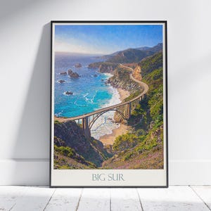Big Sur Travel Print, Bixby Bridge ~ California Travel Poster | Painted Wall Art & Home Decor | Framed Painting Print | Vacation Travel Gift