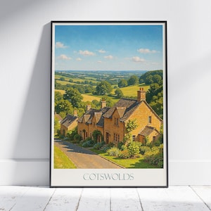 de charme de voyage dans les Cotswolds | Impression d&#39;art de village d&#39;Angleterre | Décoration murale paysage de campagne du Royaume-Uni | Impression de style vintage