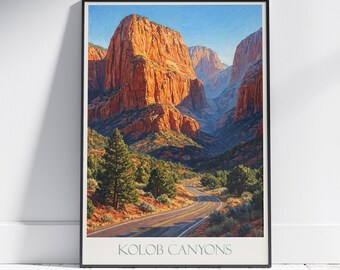 Kolob Canyons Utah Travel Poster: Zion National Park Sunset, Painted Art Print