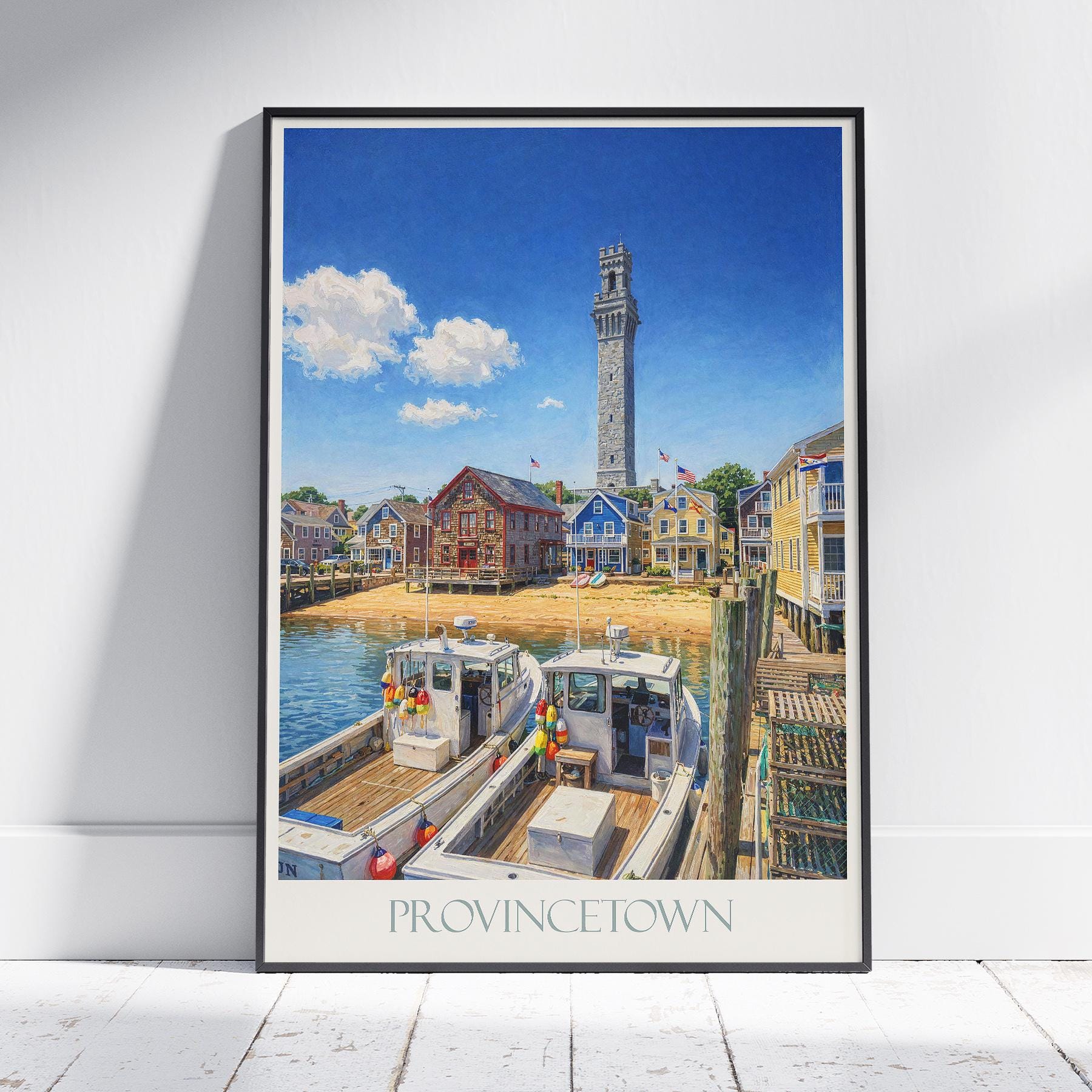 Provincetown MA Travel Poster: Pilgrim Monument Harbor Painted Art