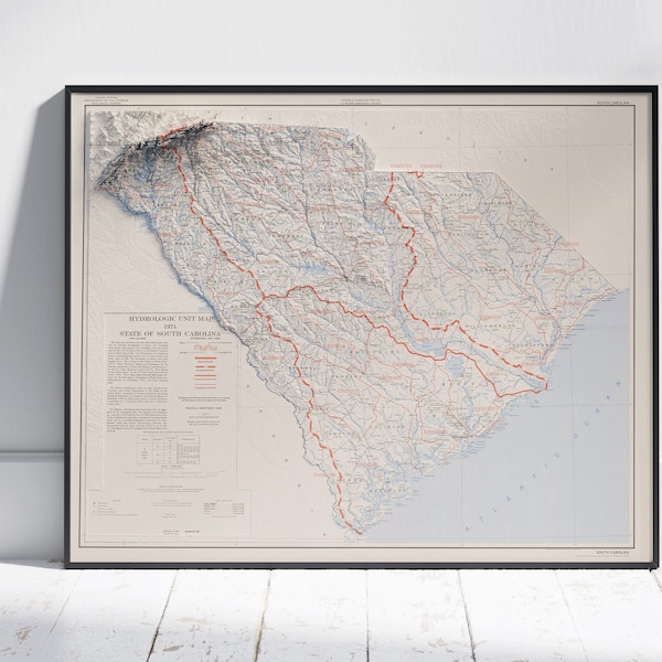 South Carolina Shaded Relief Map Flat 2D Print ~ Poster Wall Art Decor Topography