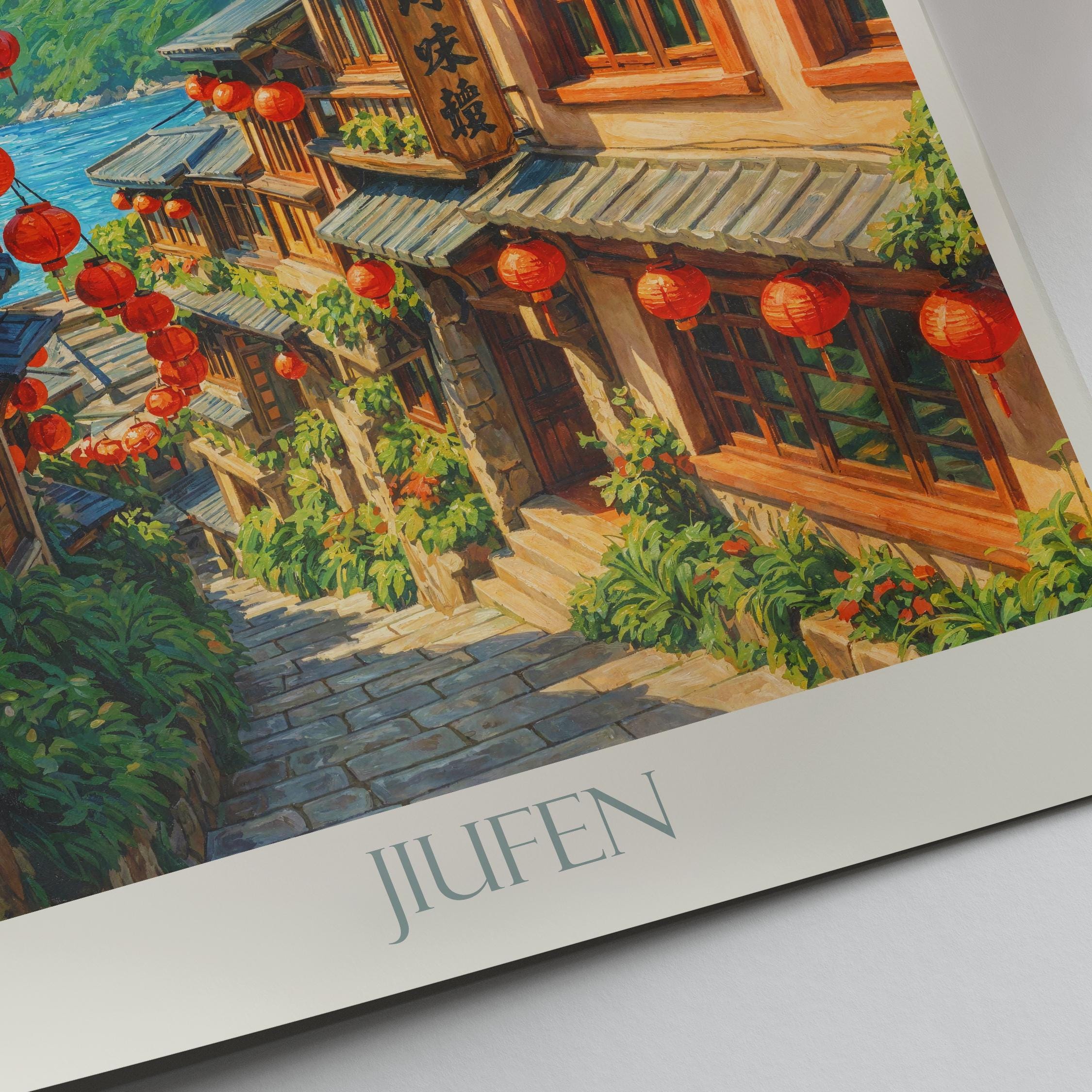 Jiufen Taiwan Travel Poster | Hand-painted Mountain Village Art