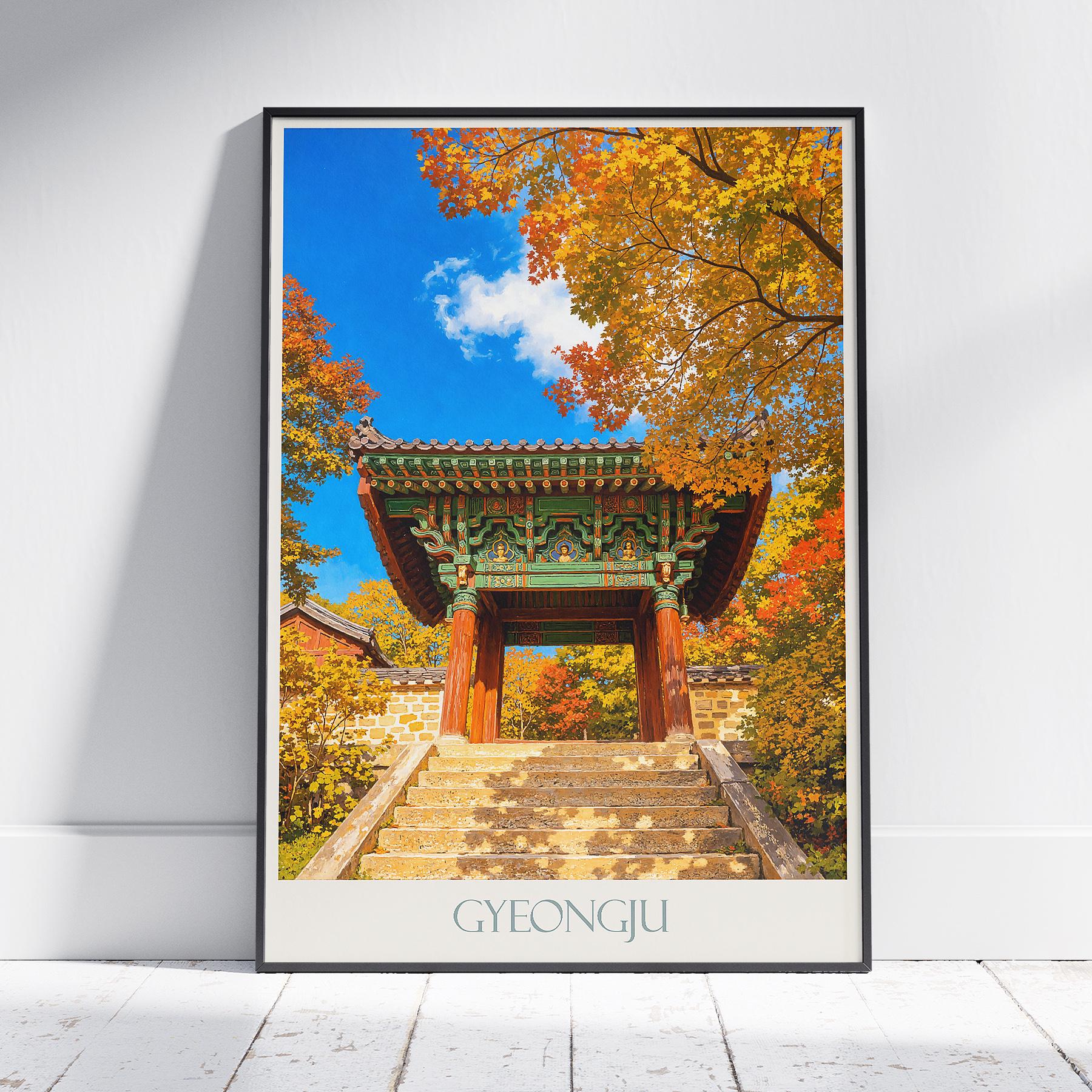 韓国・慶州旅行ポスター：秋の寺門の絵画アートプリント - Etsy 日本