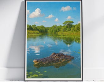 Impresión de caimán de los Everglades: póster de viaje de Florida, arte de humedales