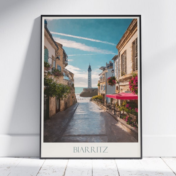 Affiche de voyage à Biarritz ~ Affiche de voyage en France | Art mural peint et décoration d'intérieur | Impression personnalisée encadrée | Cadeau de voyage de vacances