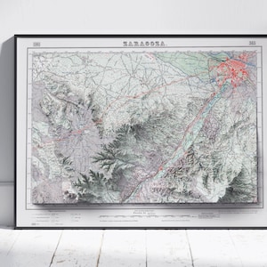 Zaragoza, Spanien ~ Vintage Shaded Relief Flache 2D Karte ~ Poster Wand Kunst Dekor Topographie