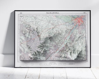 Zaragoza, Spain ~ Vintage Shaded Relief Flat 2D Map Print ~ Poster Wall Art Decor Topography