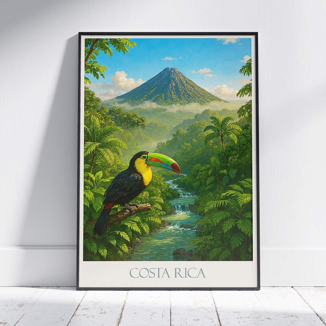 arenal-volcano-costa-rica-print-toucan-bird-tropical-rainforest-art