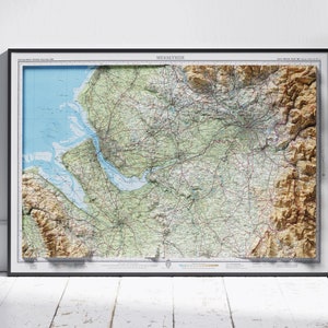 Merseyside ~ platte 2D schaduwrijke reliëfkaart Vintage Atlas stijl print poster Wall Art decor