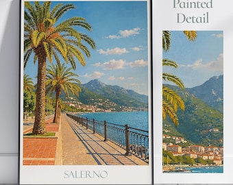 Salerno Travel Poster, Amalfi Coast ~ Italy Painted Wall Art Print | Mediterranean Home Decor | Framed Personalized Vacation Gift