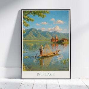 Inle See Reiseposter, Myanmar Fischer Kunstdruck | Burma Gelassenheit Wand Kunst | Südostasien Wohnkultur
