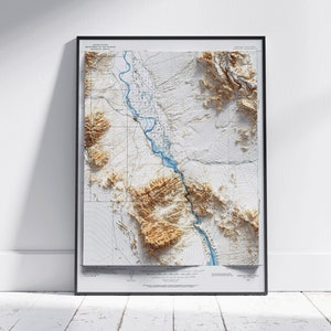 Mohave Canyon & The Needles, Arizona/Californië ~ Vintage schaduwrijke reliëf platte 2D kaart afdrukken ~ Poster Wall Art Decor topografie